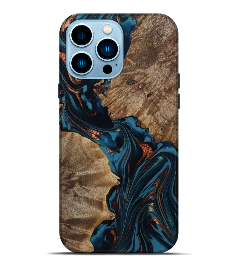 iPhone 14 Pro Max Wood Live Edge Phone Case - Scarlet (Teal & Gold, 812210)