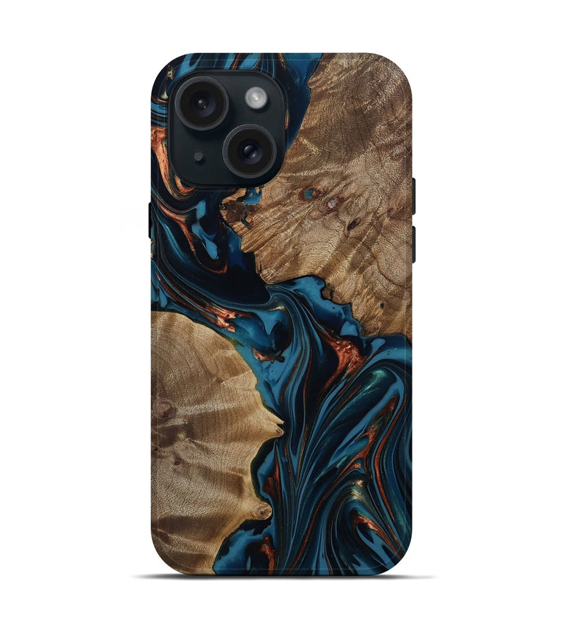 iPhone 15 Wood Live Edge Phone Case - Scarlet (Teal & Gold, 812210)
