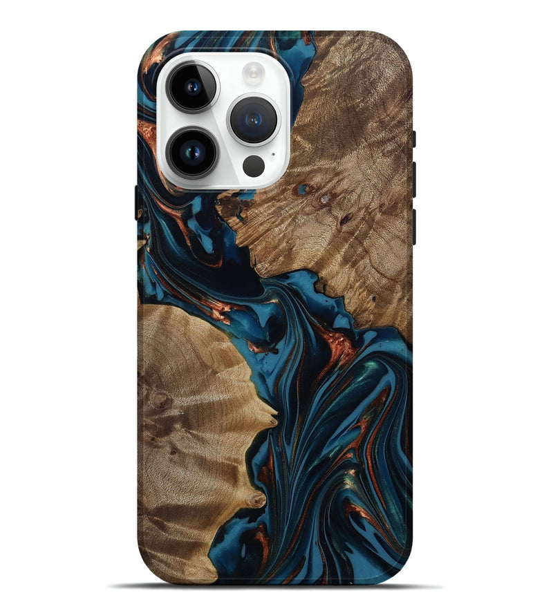 iPhone 15 Pro Max Wood Live Edge Phone Case - Scarlet (Teal & Gold, 812210)