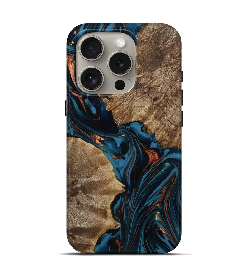 iPhone 16 Pro Wood Live Edge Phone Case - Scarlet (Teal & Gold, 812210)