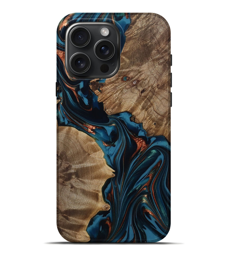 iPhone 16 Pro Max Wood Live Edge Phone Case - Scarlet (Teal & Gold, 812210)