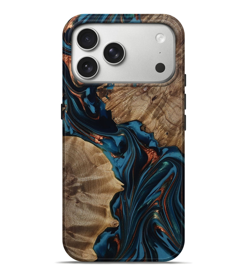 iPhone 17 Pro Max Wood Live Edge Phone Case - Scarlet (Teal & Gold, 812210)