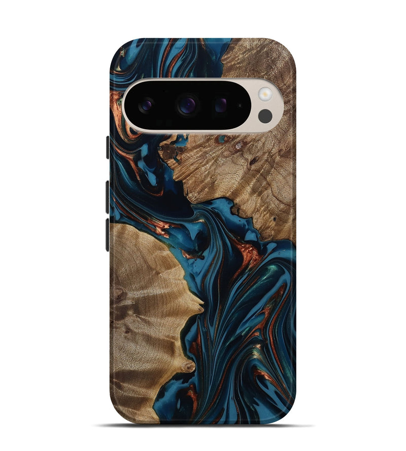 Pixel 10 Pro Wood Live Edge Phone Case - Scarlet (Teal & Gold, 812210)