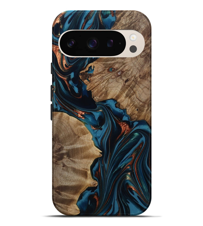 Pixel 9 Pro XL Wood Live Edge Phone Case - Scarlet (Teal & Gold, 812210)