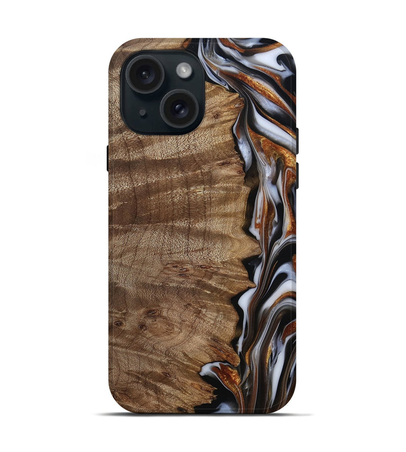 iPhone 15 Wood Live Edge Phone Case - Mikala (Black & White, 812213)