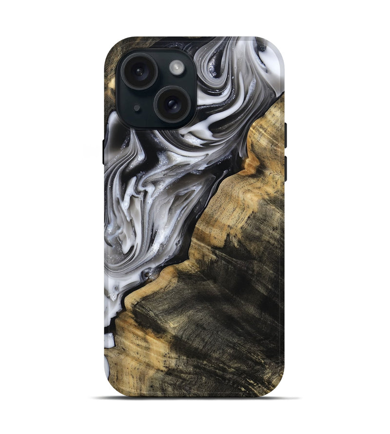 iPhone 15 Wood Live Edge Phone Case - Maudie (Black & White, 812219)