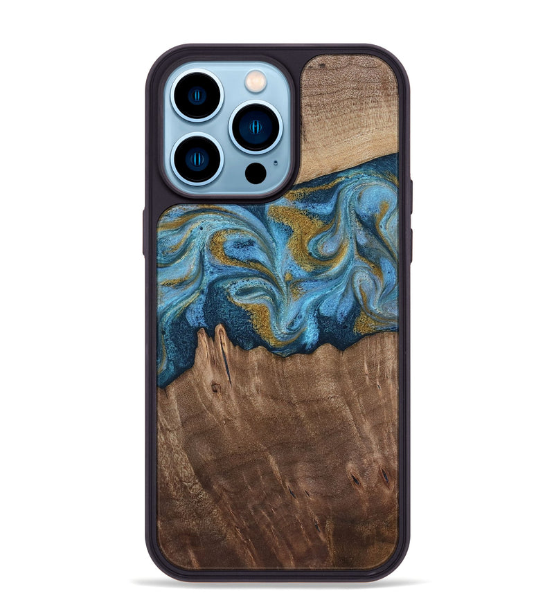 iPhone 14 Pro Max Wood Phone Case - Alene (Teal & Gold, 812277)