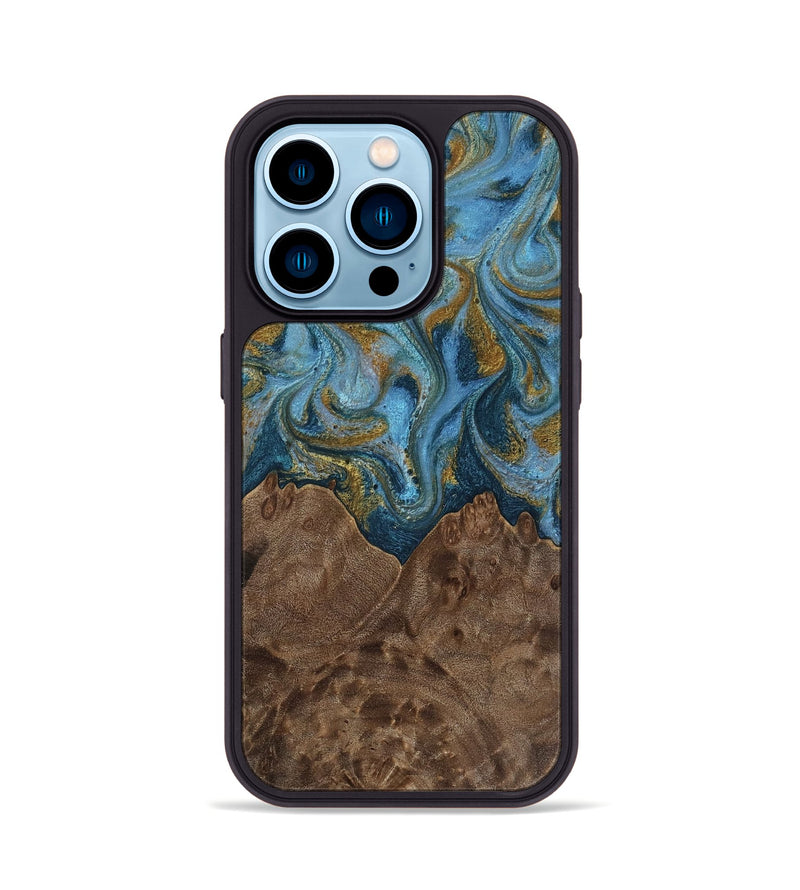 iPhone 14 Pro Wood Phone Case - Jeffery (Teal & Gold, 812337)