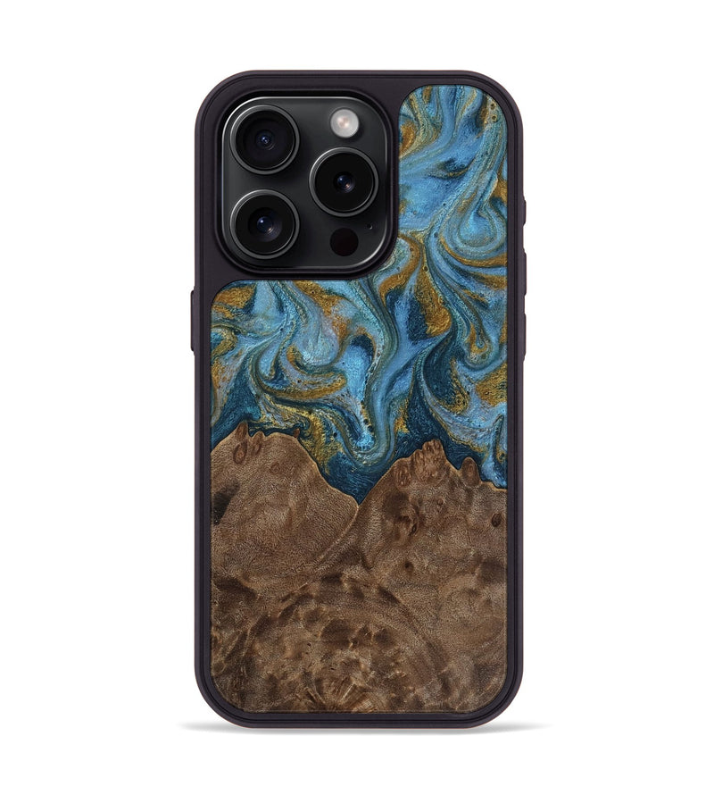 iPhone 15 Pro Wood Phone Case - Jeffery (Teal & Gold, 812337)