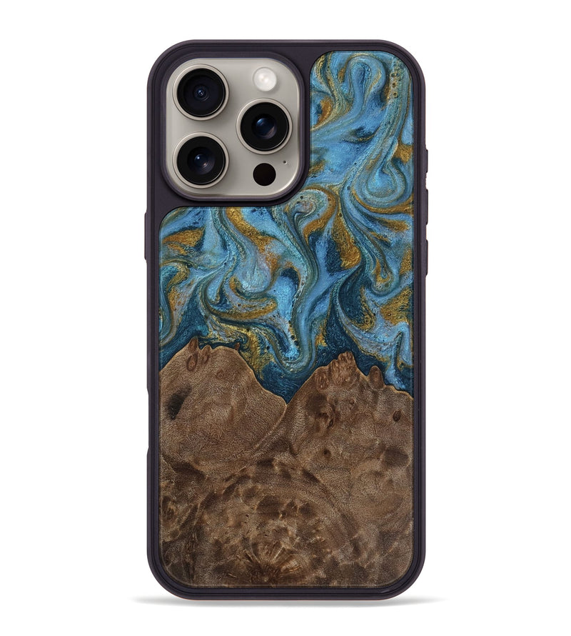 iPhone 16 Pro Max Wood Phone Case - Jeffery (Teal & Gold, 812337)