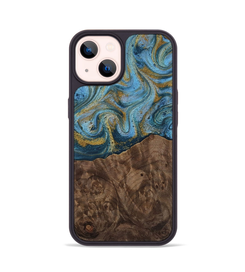 iPhone 14 Wood Phone Case - Veda (Teal & Gold, 812452)
