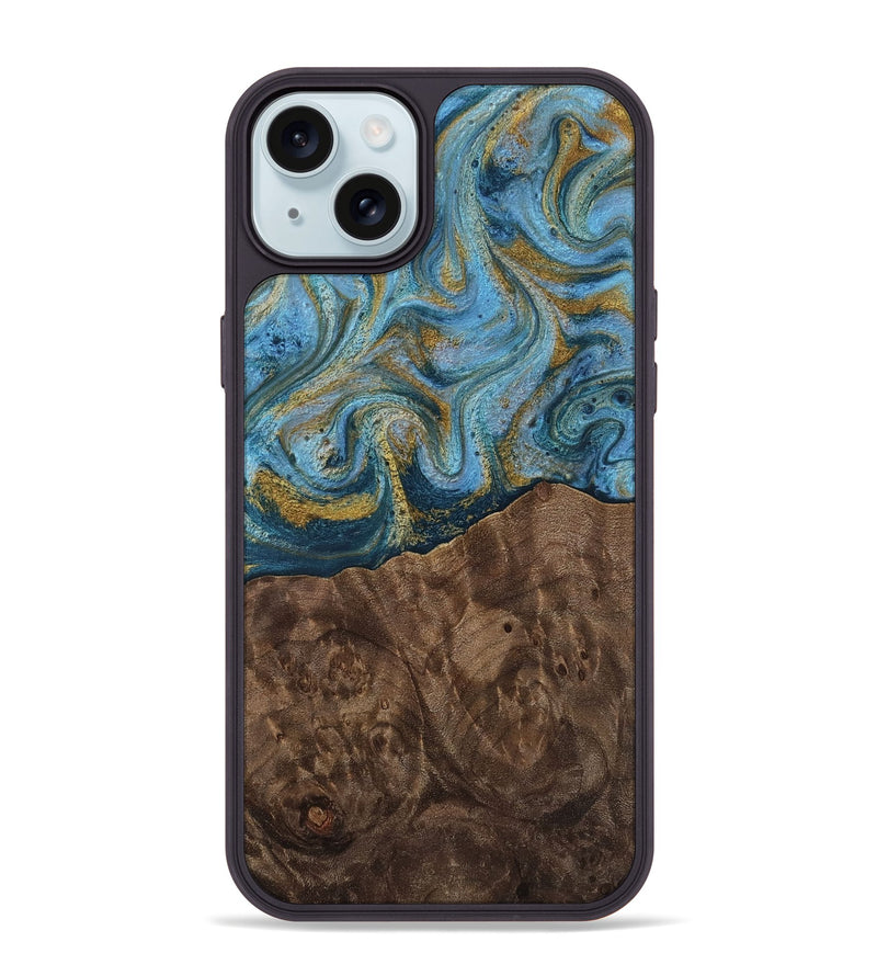 iPhone 15 Plus Wood Phone Case - Veda (Teal & Gold, 812452)