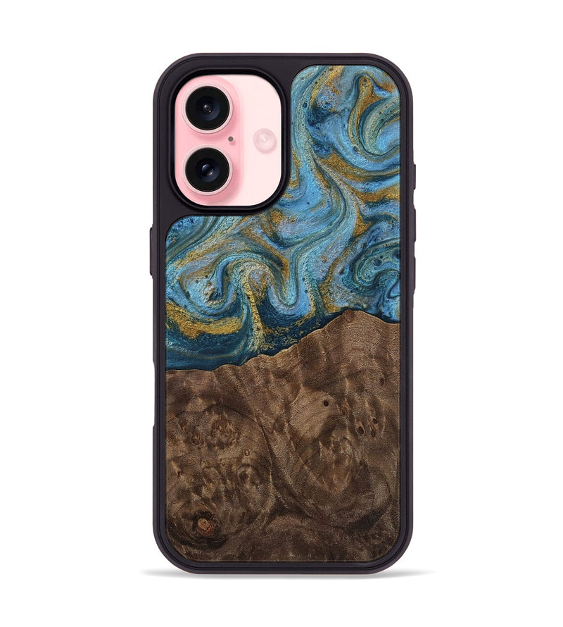 iPhone 16 Wood Phone Case - Veda (Teal & Gold, 812452)