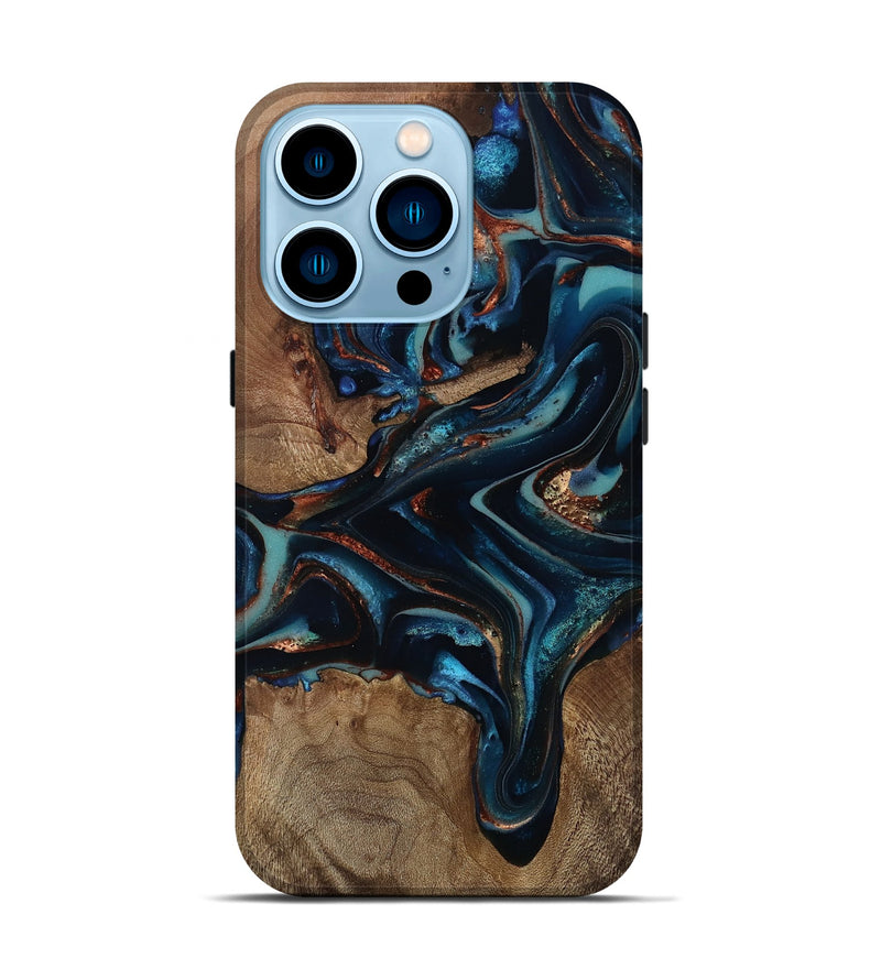 iPhone 14 Pro Wood Live Edge Phone Case - Georgie (Teal & Gold, 812543)