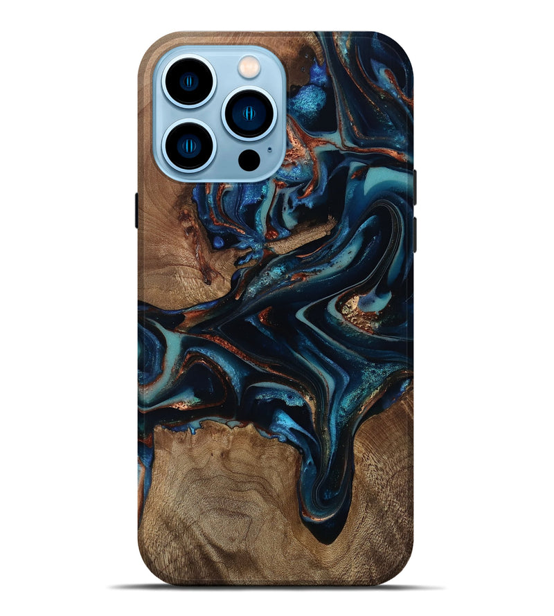 iPhone 14 Pro Max Wood Live Edge Phone Case - Georgie (Teal & Gold, 812543)
