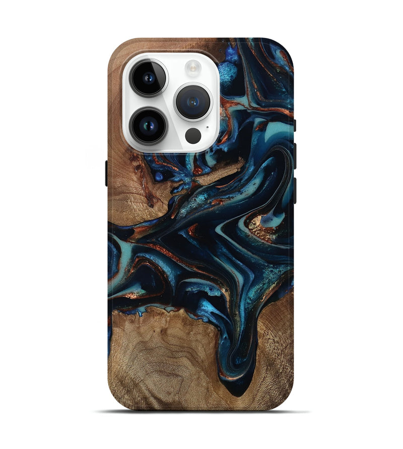 iPhone 15 Pro Wood Live Edge Phone Case - Georgie (Teal & Gold, 812543)