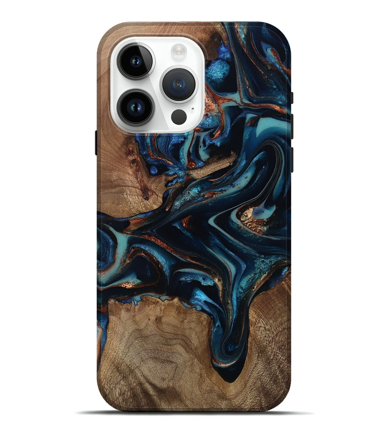 iPhone 15 Pro Max Wood Live Edge Phone Case - Georgie (Teal & Gold, 812543)