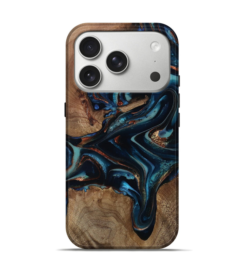 iPhone 17 Pro Wood Live Edge Phone Case - Georgie (Teal & Gold, 812543)