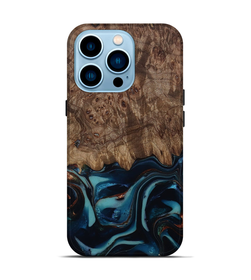 iPhone 14 Pro Wood Live Edge Phone Case - Monika (Teal & Gold, 812544)