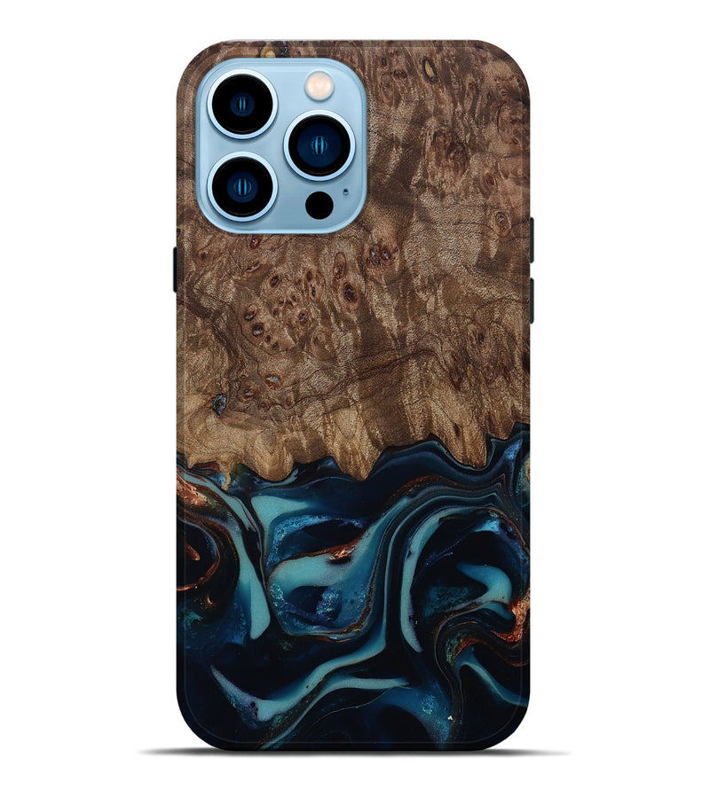 iPhone 14 Pro Max Wood Live Edge Phone Case - Monika (Teal & Gold, 812544)