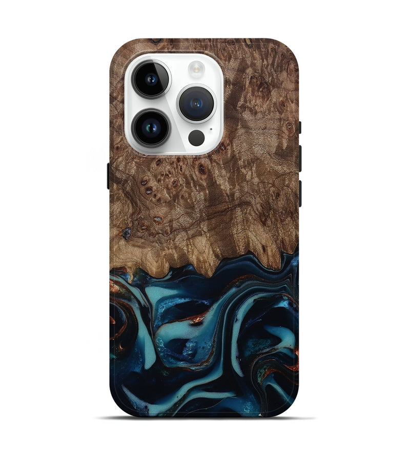 iPhone 15 Pro Wood Live Edge Phone Case - Monika (Teal & Gold, 812544)