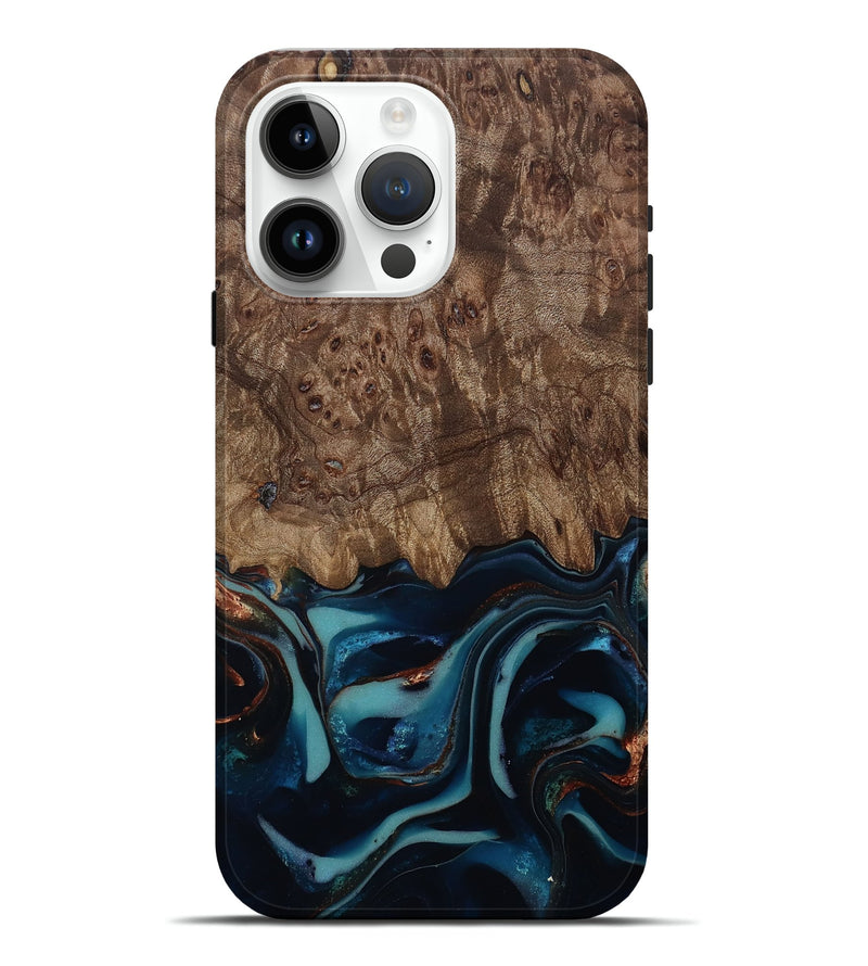 iPhone 15 Pro Max Wood Live Edge Phone Case - Monika (Teal & Gold, 812544)