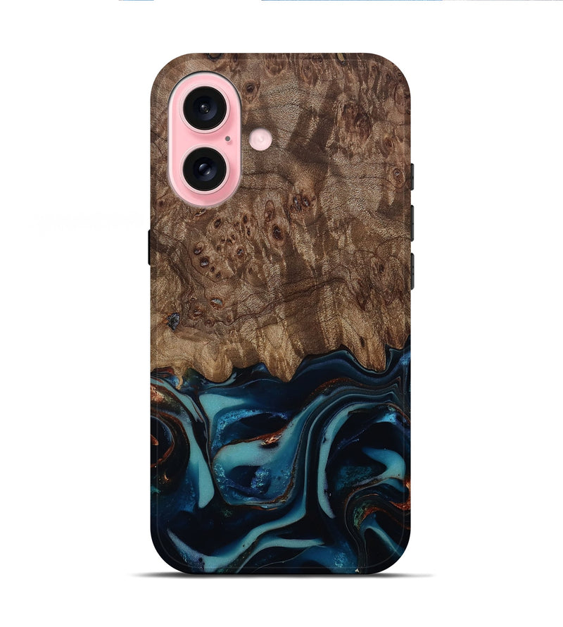 iPhone 16 Wood Live Edge Phone Case - Monika (Teal & Gold, 812544)