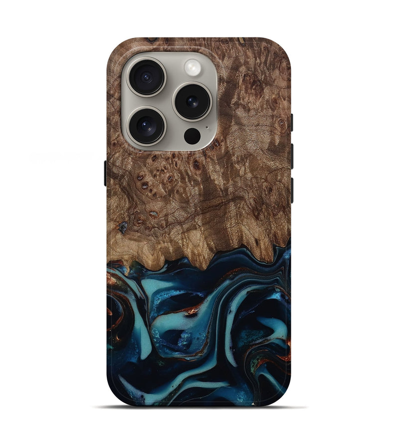 iPhone 16 Pro Wood Live Edge Phone Case - Monika (Teal & Gold, 812544)