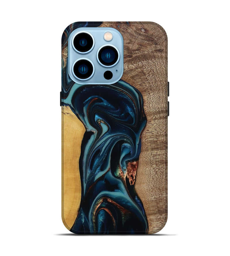 iPhone 14 Pro Wood Live Edge Phone Case - Ezekiel (Teal & Gold, 812562)