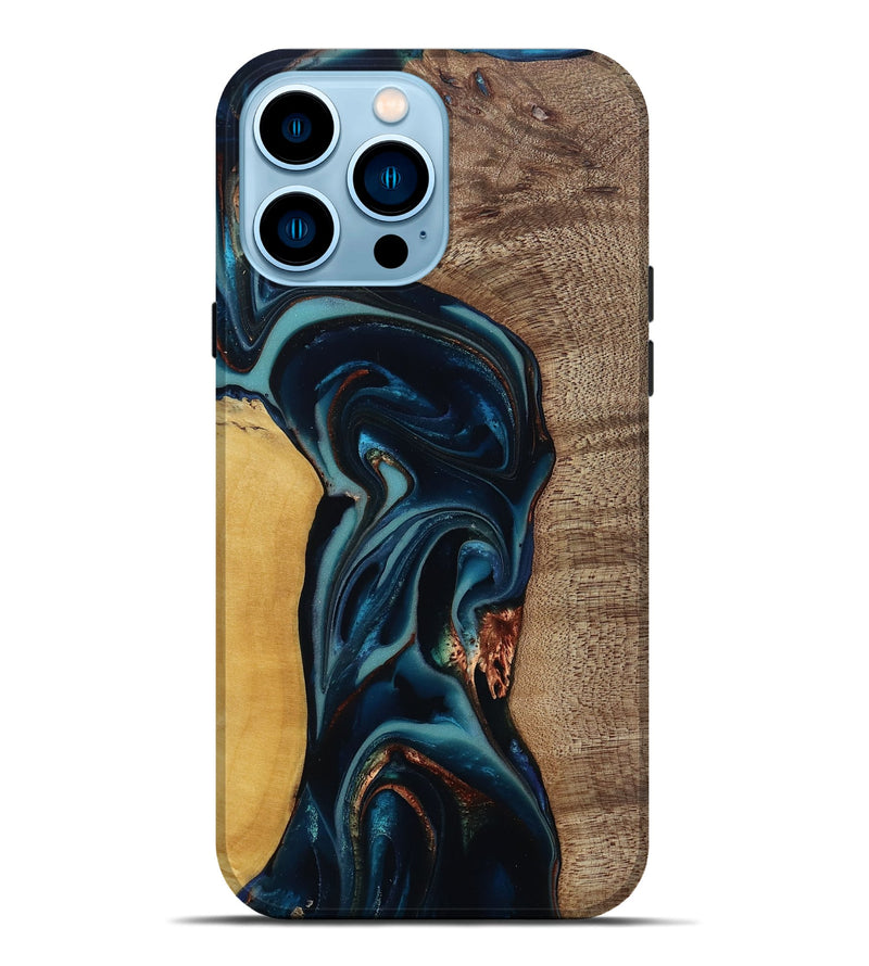 iPhone 14 Pro Max Wood Live Edge Phone Case - Ezekiel (Teal & Gold, 812562)
