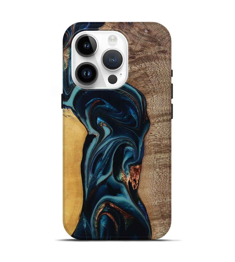 iPhone 15 Pro Wood Live Edge Phone Case - Ezekiel (Teal & Gold, 812562)