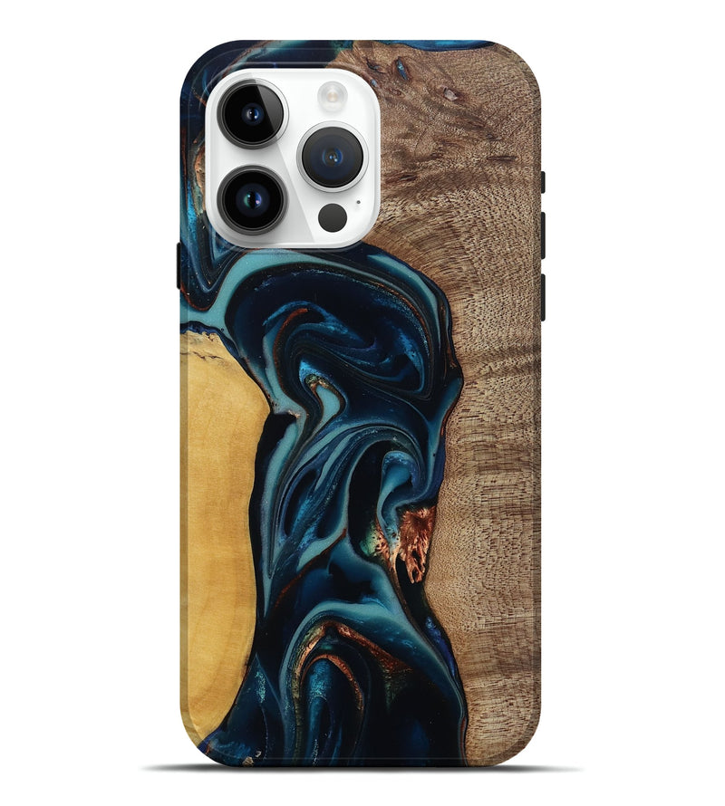 iPhone 15 Pro Max Wood Live Edge Phone Case - Ezekiel (Teal & Gold, 812562)