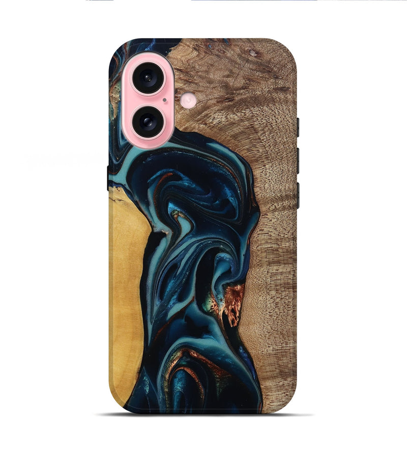 iPhone 16 Wood Live Edge Phone Case - Ezekiel (Teal & Gold, 812562)