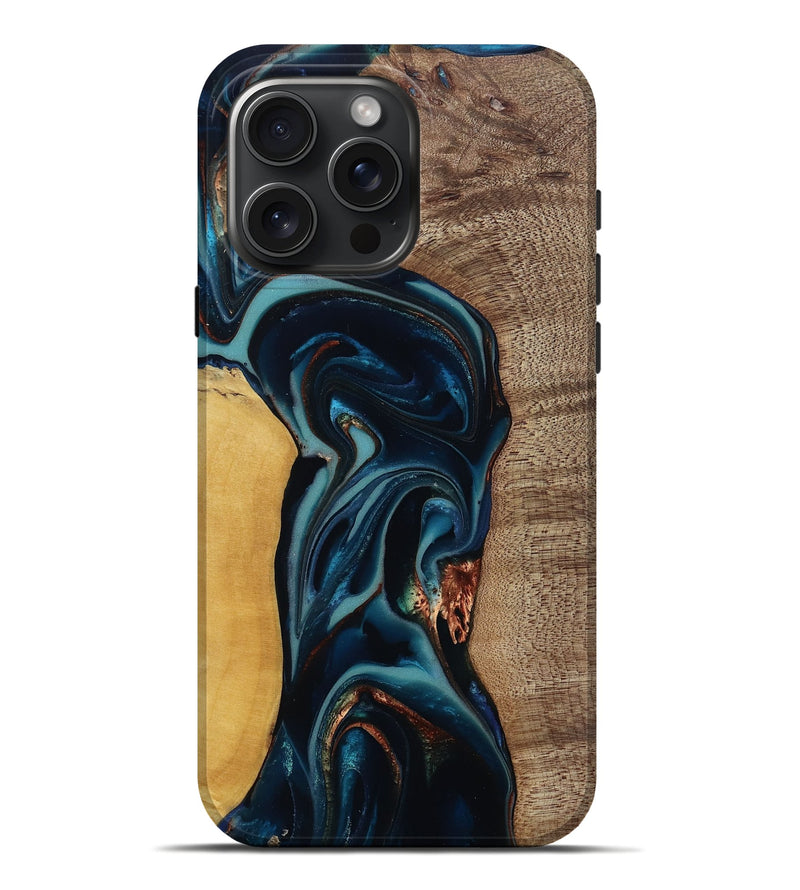 iPhone 16 Pro Max Wood Live Edge Phone Case - Ezekiel (Teal & Gold, 812562)