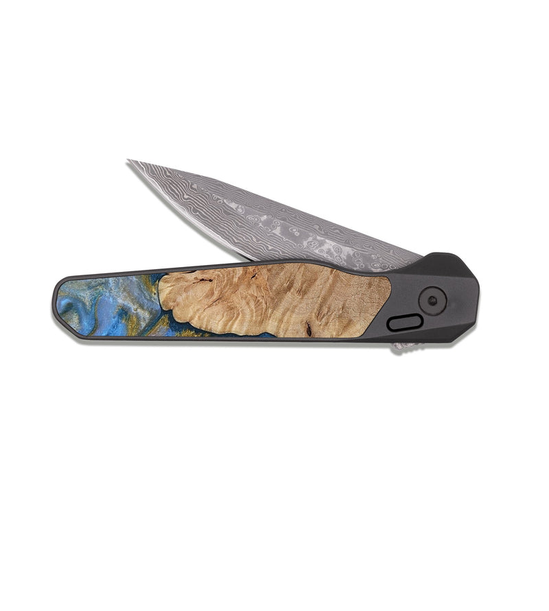 EDC Dark Damascus Wood Pocket Knife - Hermon (Teal & Gold, 812769)