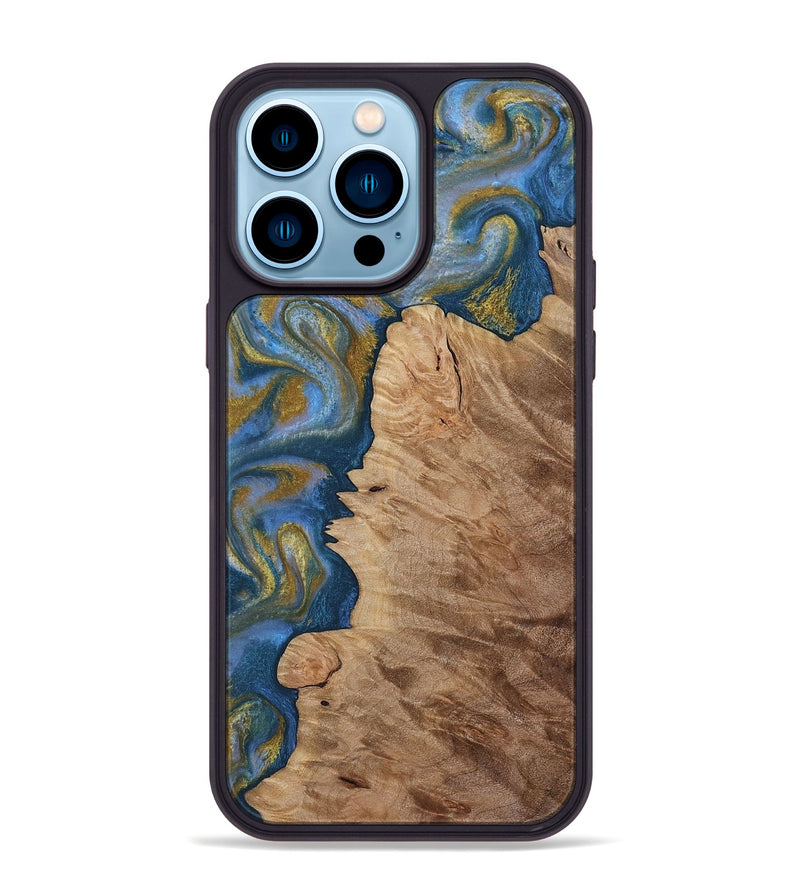 iPhone 14 Pro Max Wood Phone Case - Hermon (Teal & Gold, 812769)