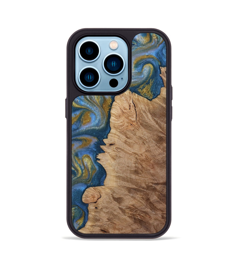 iPhone 14 Pro Wood Phone Case - Hermon (Teal & Gold, 812769)