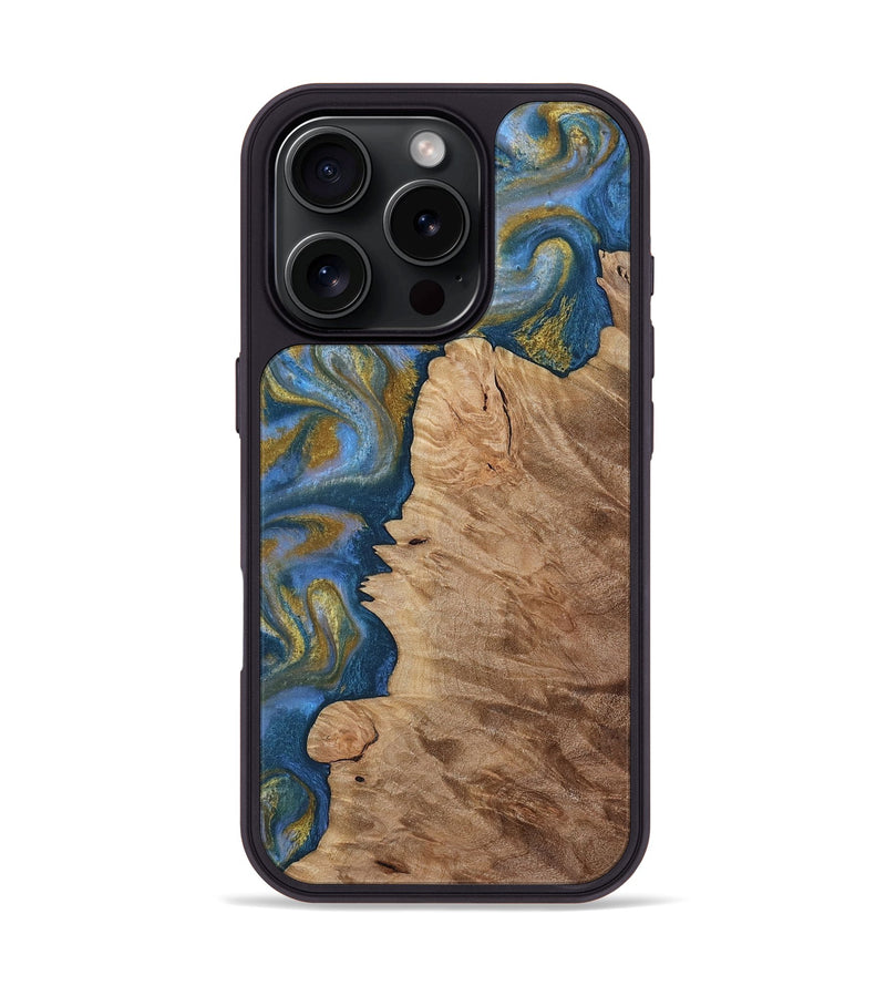 iPhone 16 Pro Wood Phone Case - Hermon (Teal & Gold, 812769)