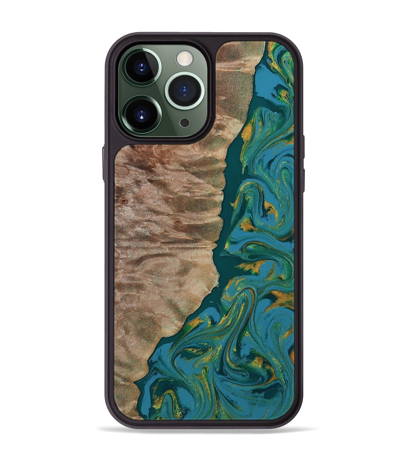 iPhone 13 Pro Max Wood Phone Case - Sondra (Teal & Gold, 812771)