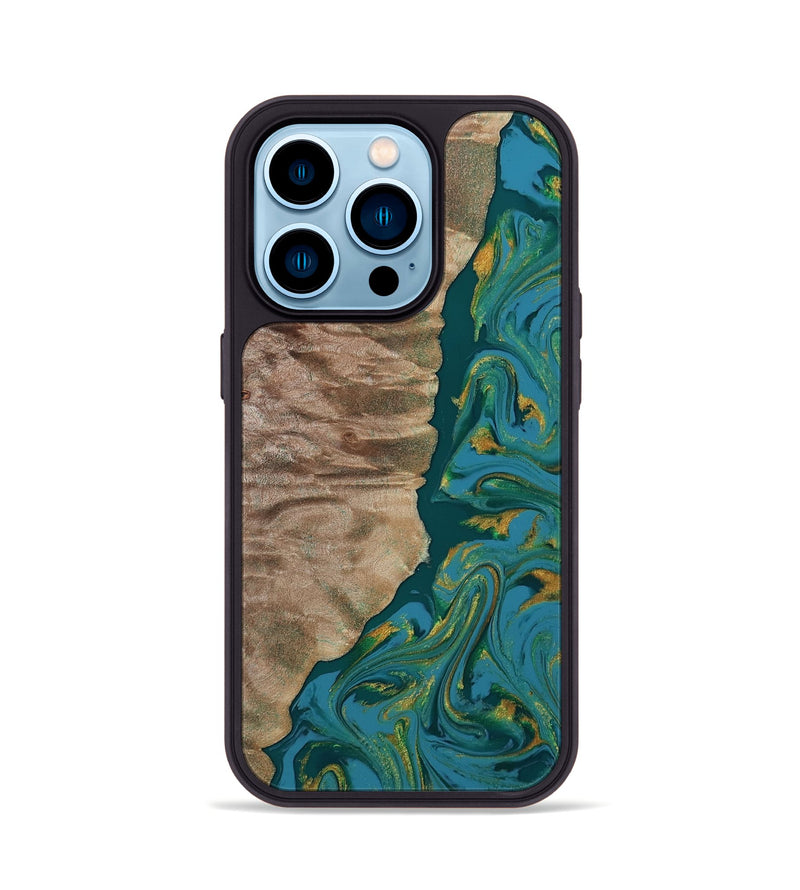 iPhone 14 Pro Wood Phone Case - Sondra (Teal & Gold, 812771)