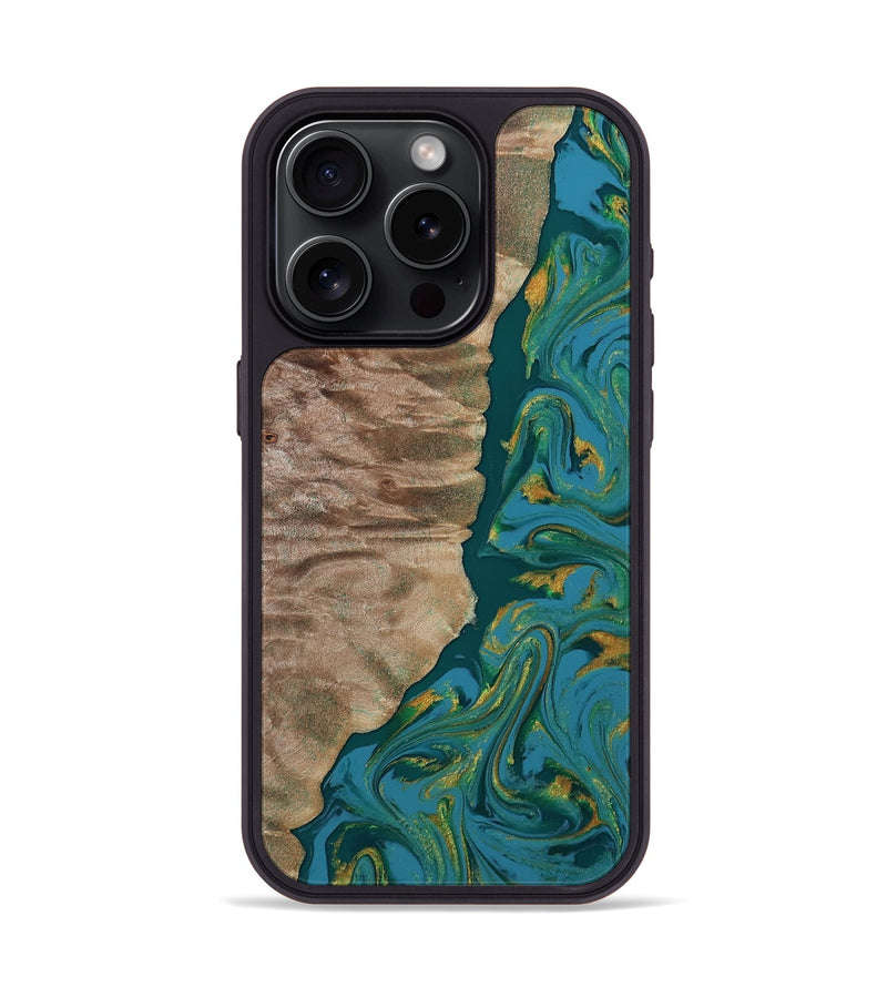 iPhone 15 Pro Wood Phone Case - Sondra (Teal & Gold, 812771)