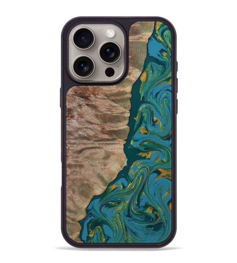 iPhone 16 Pro Max Wood Phone Case - Sondra (Teal & Gold, 812771)