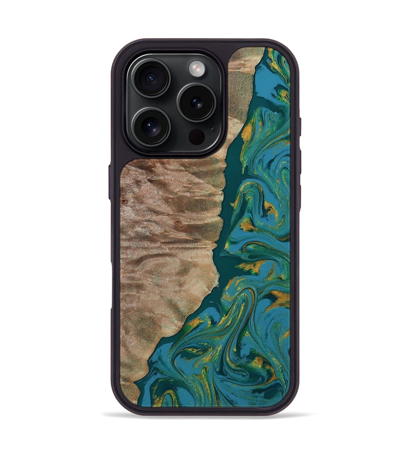 iPhone 16 Pro Wood Phone Case - Sondra (Teal & Gold, 812771)