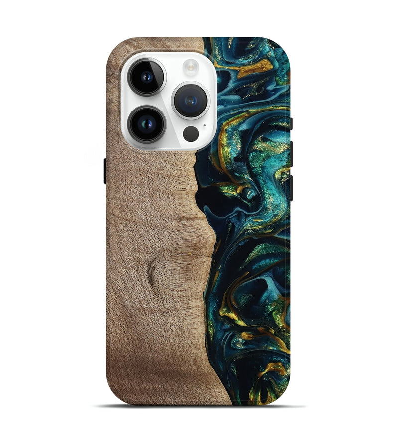 iPhone 15 Pro Wood Live Edge Phone Case - Everest (Teal & Gold, 812779)