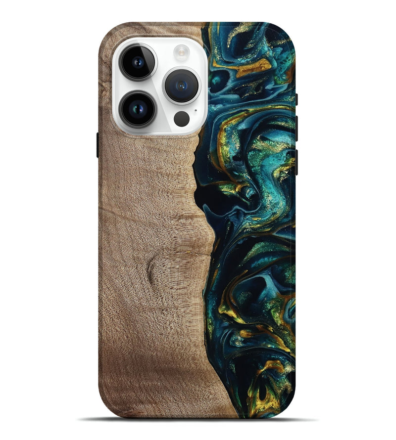 iPhone 15 Pro Max Wood Live Edge Phone Case - Everest (Teal & Gold, 812779)