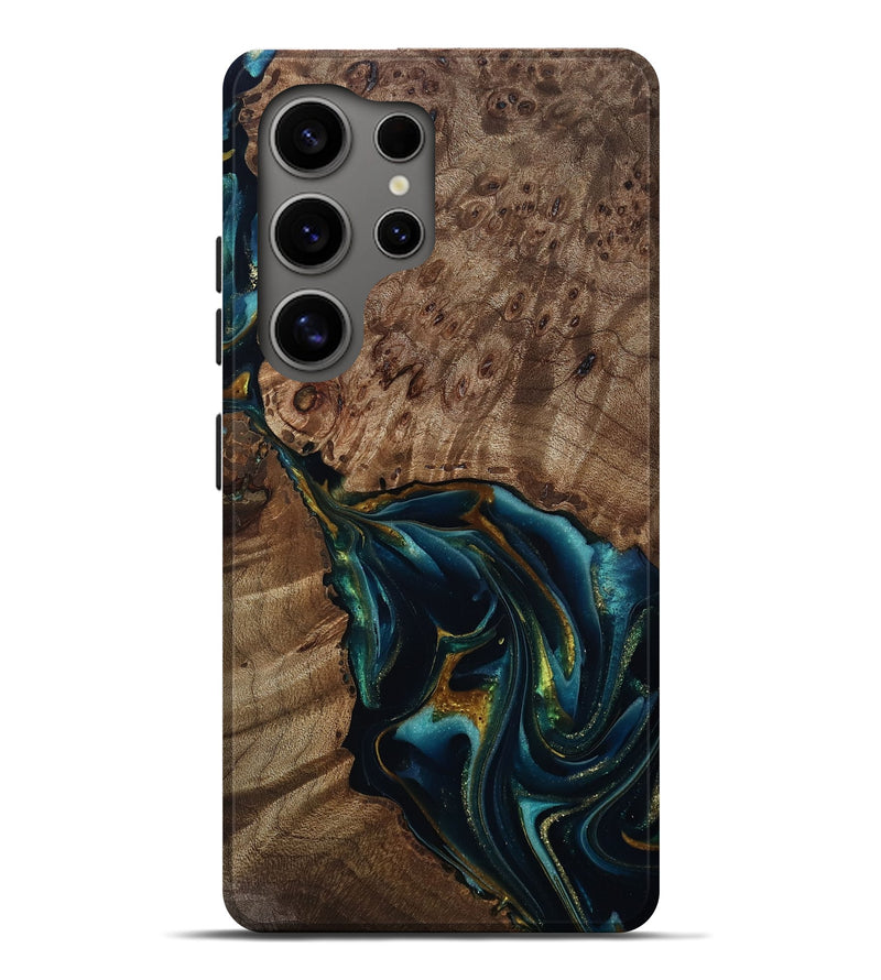 Galaxy S25 Ultra Wood Live Edge Phone Case - Claudie (Teal & Gold, 812781)