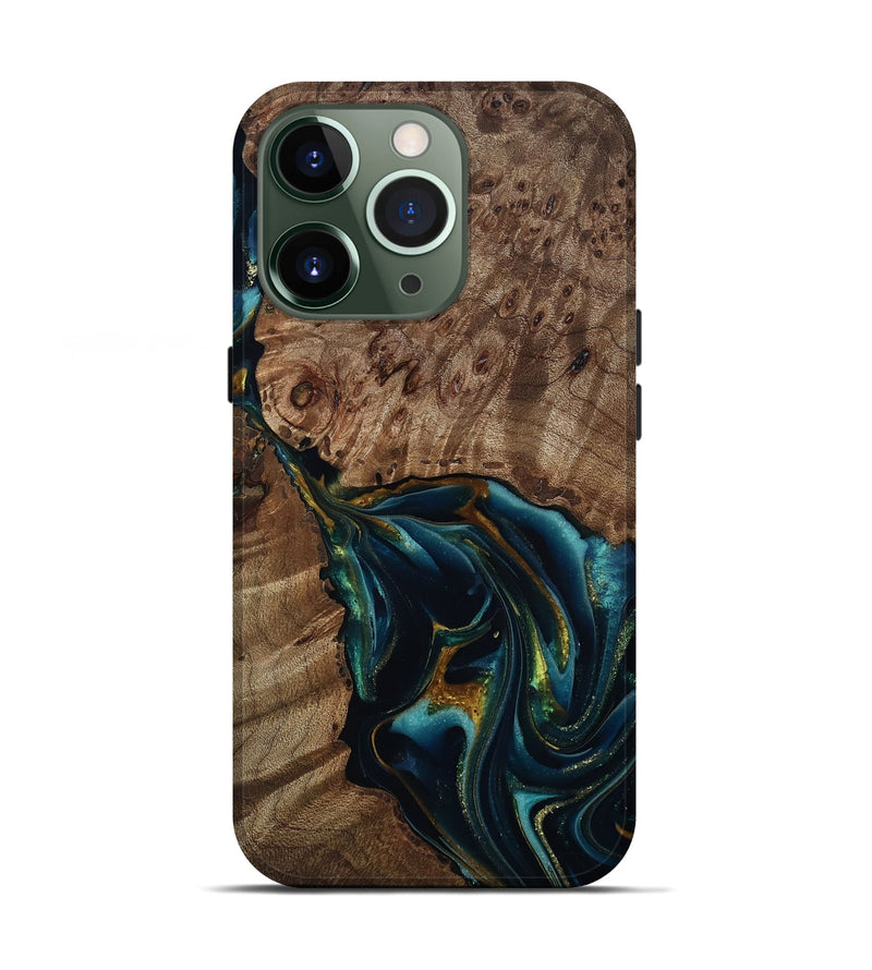 iPhone 13 Pro Wood Live Edge Phone Case - Claudie (Teal & Gold, 812781)