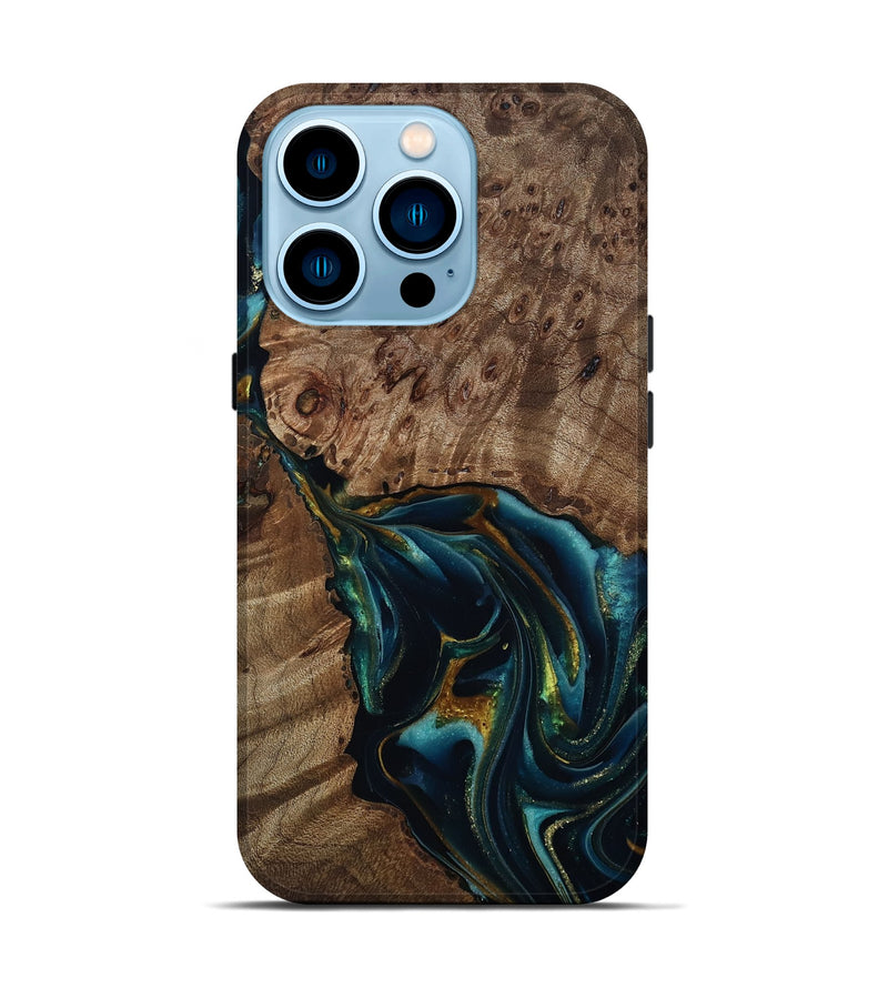iPhone 14 Pro Wood Live Edge Phone Case - Claudie (Teal & Gold, 812781)