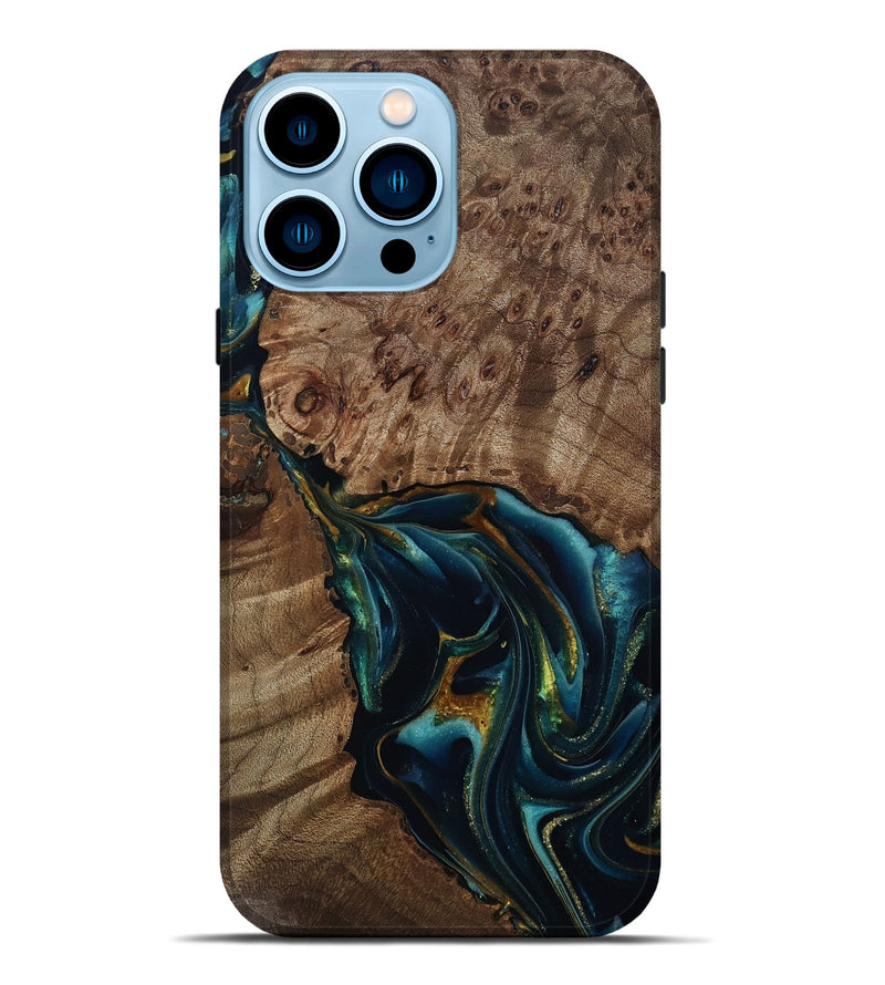 iPhone 14 Pro Max Wood Live Edge Phone Case - Claudie (Teal & Gold, 812781)