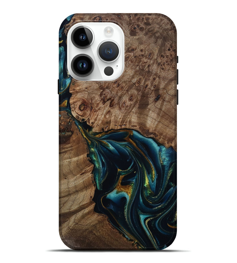 iPhone 15 Pro Max Wood Live Edge Phone Case - Claudie (Teal & Gold, 812781)